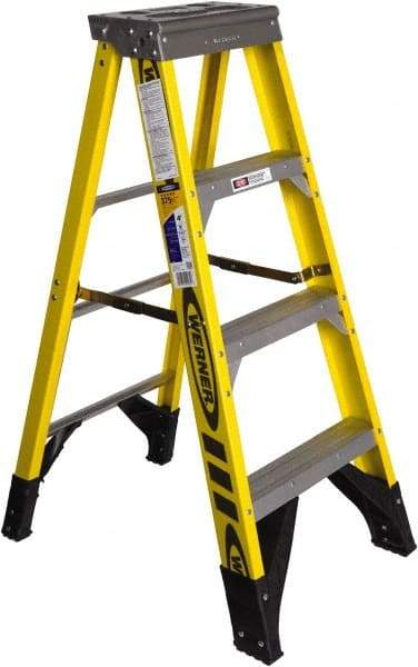 Werner - 3 Steps, 4' High, Type IAA Rating, Fiberglass Step Ladder - 375 Lb Capacity, 21-1/2" Base Width - Makers Industrial Supply