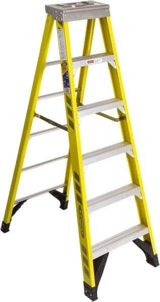 Werner - 5 Steps, 6' High, Type IAA Rating, Fiberglass Step Ladder - 375 Lb Capacity, 25" Base Width - Makers Industrial Supply