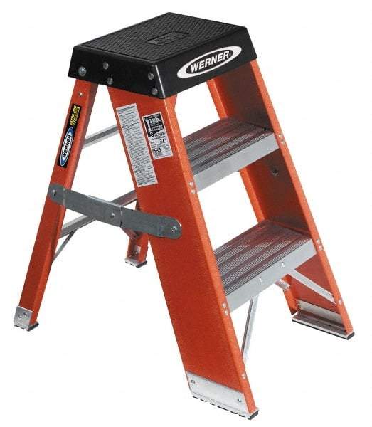 Werner - 2 Steps, 3' High, Type IAA Rating, Fiberglass Step Stand - 375 Lb Capacity, 18-3/4" Base Width - Makers Industrial Supply