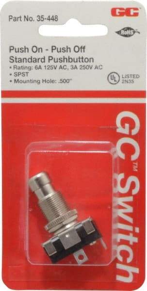 GC/Waldom - 1/2 Inch Mount Hole, Miniature Pushbutton Switch Only - Round, Chrome Pushbutton, Nonilluminated, Maintained (MA), On-Off - Makers Industrial Supply