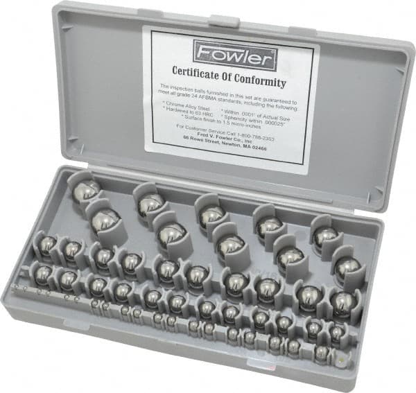 Fowler - 1/8 to 1 Inch Diameter, Chrome Steel, Gage Ball Set - 0.0001 Inch Tolerance, Grade 24 Accuracy, 63 RC Hardness, 26 Pairs - Makers Industrial Supply