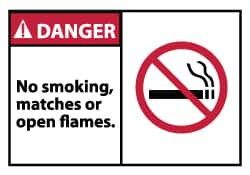 NMC - Accident Prevention Label, Header: DANGER - Legend: Danger - No Smoking, Matches or Open Flames, English, Red, Black & White, 5" Long x 3" High, Sign Muscle Finish - Makers Industrial Supply