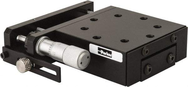 Parker - 62 Lb. Capacity, 10-32 Mount Hole, 1/2" Travel, Precision Ball Bearing Table with Side Drive - Single Axis, 8 Mounting Holes, 2.56" Long x 2.62" Wide x 1" High - Makers Industrial Supply