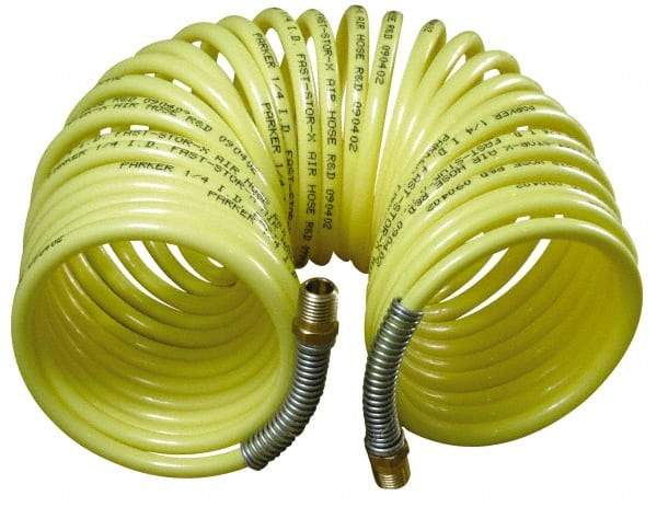 Parker - 3/8" ID, 3/8 Thread, 25' Long, Yellow Nylon Coiled & Self Storing Hose - 225 Max psi, Male Rigid x Male Swivel - Makers Industrial Supply