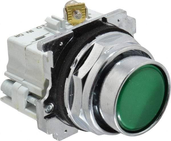 Eaton Cutler-Hammer - 30-1/2mm Mount Hole, Flush, Pushbutton Switch with Contact Block - Round, Green Pushbutton, Nonilluminated, Momentary (MO), Corrosion Resistant, Oiltight and Watertight - Makers Industrial Supply