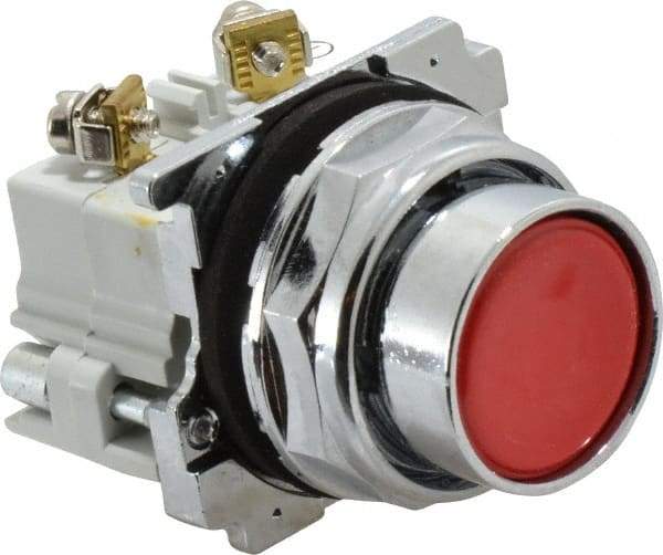 Eaton Cutler-Hammer - 30-1/2mm Mount Hole, Flush, Pushbutton Switch with Contact Block - Round, Red Pushbutton, Nonilluminated, Momentary (MO), Corrosion Resistant, Oiltight and Watertight - Makers Industrial Supply