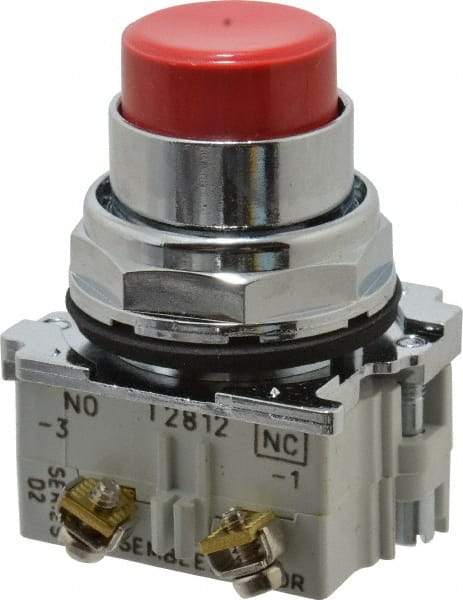 Eaton Cutler-Hammer - 30-1/2mm Mount Hole, Extended Straight, Pushbutton Switch with Contact Block - Round, Red Pushbutton, Nonilluminated, Momentary (MO), Corrosion Resistant, Oiltight and Watertight - Makers Industrial Supply