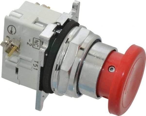 Eaton Cutler-Hammer - 30-1/2mm Mount Hole, Extended Mushroom Head, Pushbutton Switch with Contact Block - Round, Red Pushbutton, Nonilluminated, Momentary (MO), Corrosion Resistant, Oiltight and Watertight - Makers Industrial Supply