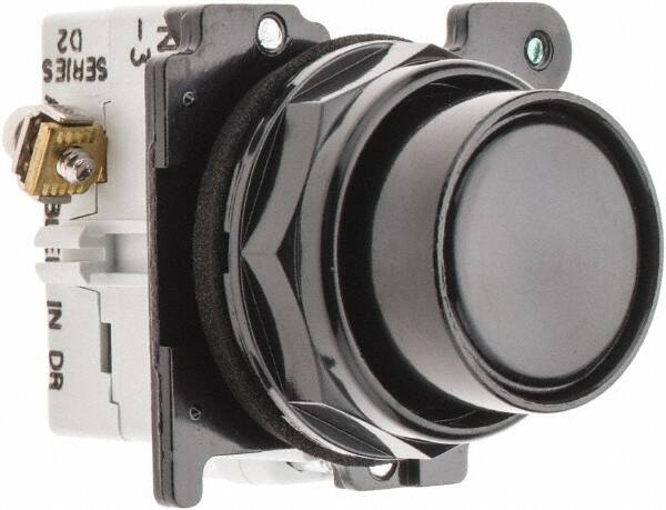 Eaton Cutler-Hammer - 30-1/2mm Mount Hole, Flush, Pushbutton Switch with Contact Block - Round, Black Pushbutton, Nonilluminated, Momentary (MO), Corrosion Resistant, Oiltight and Watertight - Makers Industrial Supply