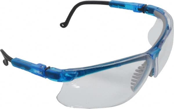 Uvex - Clear Lenses, Framed Safety Glasses - Scratch Resistant, Vapor Blue Polycarbonate Frame, Adjustable Temples, Size Universal, Wrap Around - Makers Industrial Supply