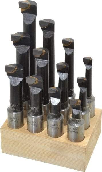 Interstate - 7/16 to 13/16" Min Diam, 1-1/8 to 4-1/2" Max Depth, 3/4" Shank Diam, 3-1/8 to 6-1/2" OAL Boring Bar Set - C6 Carbide Tipped, Bright Finish, Right Hand Cut, 12 Piece Set - Exact Industrial Supply