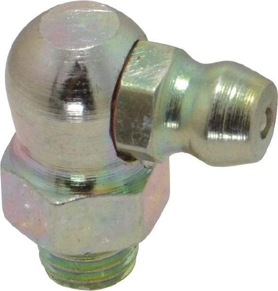 PRO-LUBE - 90° Head Angle, 1/4-28 UNF Steel Standard Grease Fitting - 3/8" Hex, 19.3mm Overall Height, 5.1mm Shank Length, Zinc Plated Finish - Makers Industrial Supply