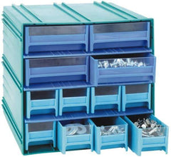 Quantum Storage - 14 Drawer, Gray, High Impact Styrene, Interlocking Storage Cabinet with Drawers - 11-3/4" Wide x 11-3/8" Deep x 11-1/8" High Body, (12) 2-3/4, (2) 5-5/8" Wide x 11" Deep x 2-1/2" High Drawers - Makers Industrial Supply