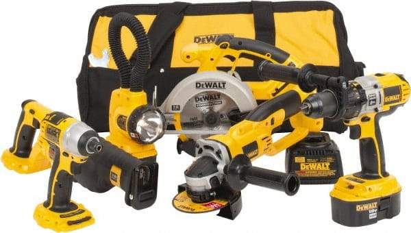 DeWALT - 17 Piece 18 Volt Cordless Tool Combination Kit - Includes 1/4" Impact Driver, 6-1/2" Circular Saw, Cut-Off Tool, Reciprocating Saw, 1/2" Hammer Drill, Battery Included - Makers Industrial Supply