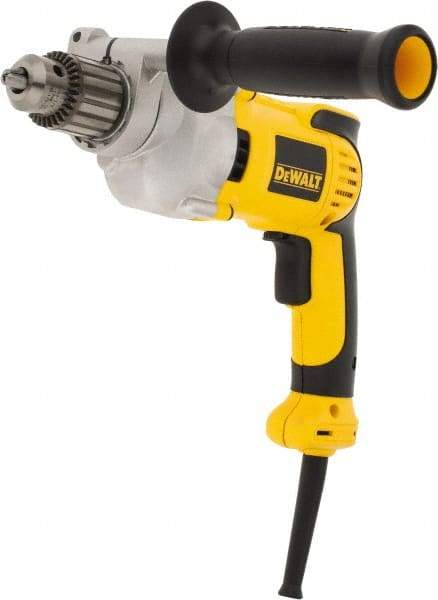 DeWALT - 1/2" Keyed Chuck, 0 to 1,250 RPM, Pistol Grip Handle Electric Drill - 10 Amps, Reversible, Includes 360° Locking Side Handle with Soft Grip & Chuck Key with Holder - Makers Industrial Supply