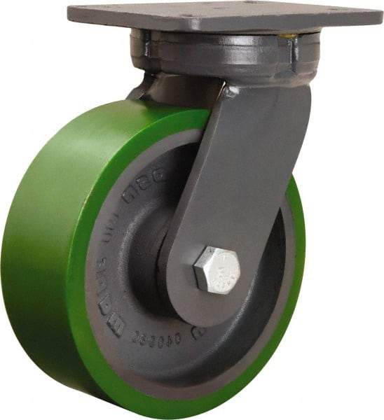 Hamilton - 8" Diam x 3" Wide x 10-1/2" OAH Top Plate Mount Swivel Caster - Polyurethane Mold onto Cast Iron Center, 2,500 Lb Capacity, Sealed Precision Ball Bearing, 5-1/4 x 7-1/4" Plate - Makers Industrial Supply