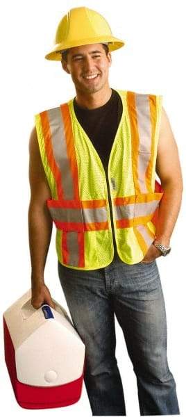 OccuNomix - Size XL/2XL High Visibility Yellow Mesh Expandable Vest - 50 to 56" Chest, ANSI 107-2015, Zipper Closure, 3 Pockets, Polyester - Makers Industrial Supply