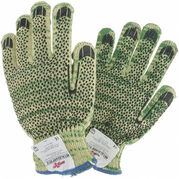 Whizard - Size M, ANSI Cut Lvl A6, Cut Resistant Gloves - Palm & Fingertips Coated, Yellow/Green - Makers Industrial Supply