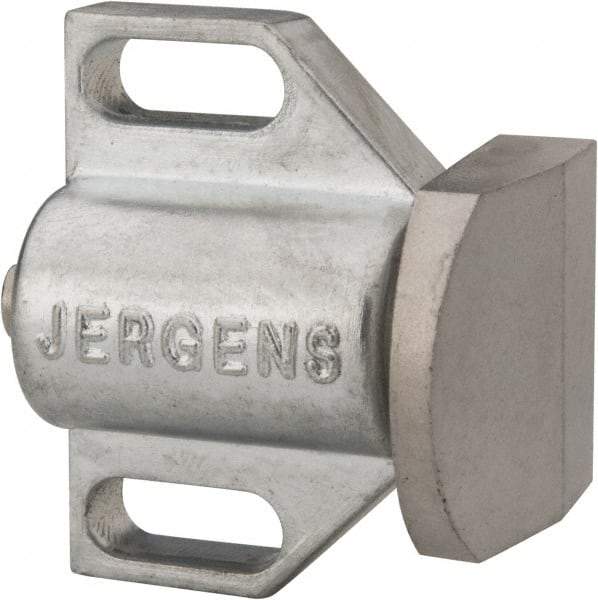 Jergens - 1-1/2" Body Width x 1" Body Len, 3/16" Stroke Len, 1-1/8" Btw Mt Hole Ctrs, Tangless Square Spring Locating Stop - 32 Lb Init End Force, 14 Lb Mid End Force, 32 Lb Final End Force, 1-1/8" Stop Head Width x 1-1/8" Stop Head Height - Makers Industrial Supply