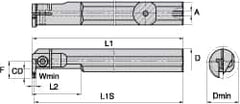 Kennametal - A-A4E, Internal, Left Hand, 10mm Max Depth of Cut, 4mm Min Groove Width, Indexable Grooving Tool Holder - A4..04.. Insert Compatibility, 63/64" Shank Width, 200mm OAL, Through Coolant - Makers Industrial Supply