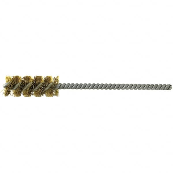 Brush Research Mfg. - 11/16" Diam Helical Brass Tube Brush - Single Spiral, 0.008" Filament Diam, 1-1/2" Brush Length, 5" OAL, 0.22" Diam Galvanized Steel Shank - Makers Industrial Supply