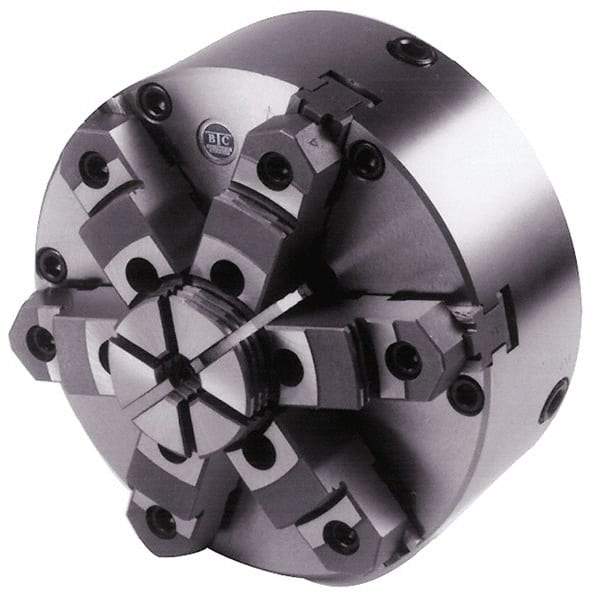 BTC - 6 Jaws, 8" Diam, Self Centering Manual Lathe Chuck - Plain Back Mount Spindle, Adjustable, Reversible, 2,200 Max RPM, 2.264" Through Hole Diam, Cast Iron - Makers Industrial Supply