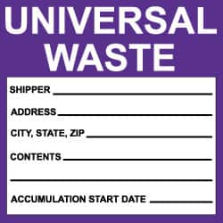 NMC - Hazardous Materials Label - Legend: Universal Waste, English, Black, White & Purple, 6" Long x 6" High, Sign Muscle Finish - Makers Industrial Supply