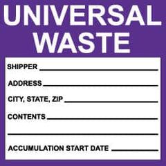 NMC - Hazardous Materials Label - Legend: Universal Waste, English, Black, White & Purple, 6" Long x 6" High, Sign Muscle Finish - Makers Industrial Supply