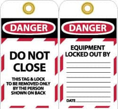 NMC - 3" High x 6" Long, DO NOT CLOSE, English Safety & Facility Lockout Tag - Tag Header: Danger, 2 Sides, Black, Red & White Unrippable Vinyl - Makers Industrial Supply