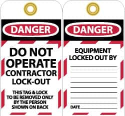 NMC - 3" High x 6" Long, DO NOT OPERATE CONTRATOR LOCK OUT, English Safety & Facility Lockout Tag - Tag Header: Danger, 2 Sides, Black, Red & White Unrippable Vinyl - Makers Industrial Supply