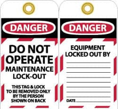 NMC - 3" High x 6" Long, DO NOT OPERATE MAINTENANCE LOCKOUT, English Safety & Facility Lockout Tag - Tag Header: Danger, 2 Sides, Black, Red & White Unrippable Vinyl - Makers Industrial Supply