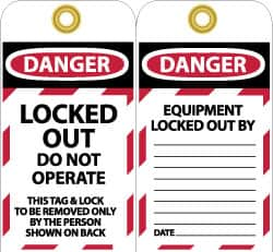 NMC - 3" High x 6" Long, LOCKED OUT - DO NOT OPERATE, English Safety & Facility Lockout Tag - Tag Header: Danger, 2 Sides, Black, Red & White Unrippable Vinyl - Makers Industrial Supply