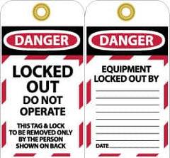 NMC - 3" High x 6" Long, LOCKED OUT - DO NOT OPERATE, English Safety & Facility Lockout Tag - Tag Header: Danger, 2 Sides, Black, Red & White Unrippable Vinyl - Makers Industrial Supply