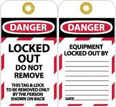 NMC - 3" High x 6" Long, LOCKED OUT - DO NOT REMOVE, English Safety & Facility Lockout Tag - Tag Header: Danger, 2 Sides, Black, Red & White Unrippable Vinyl - Makers Industrial Supply