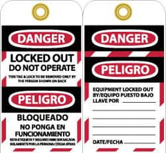 NMC - 3" High x 6" Long, DANGER - LOCKED OUT - DO NOT OPERATE - THIS TAG & LOCK TO BE REMOVED ONLY BY THE PERSON SHOWN ON BACK, English & Spanish Safety & Facility Lockout Tag - Tag Header: Danger, 2 Sides, Black, Red & White Vinyl - Makers Industrial Supply