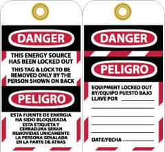 NMC - 3" High x 6" Long, DANGER - THIS ENERGY SOURCE HAS BEEN LOCKED OUT - THIS TAB & LOCK TO BE REMOVED ONLY BY THE PERSON SHOWN ON BACK, English & Spanish Safety & Facility Lockout Tag - Tag Header: Danger, 2 Sides, Black, Red & White Vinyl - Makers Industrial Supply