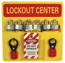 NMC - 10 Piece, Equipped Plexiglass Tag and Padlock / Hasp Station - 14 Inch Wide x 14 Inch High x 1-3/8 Inch Deep, Yellow - Makers Industrial Supply