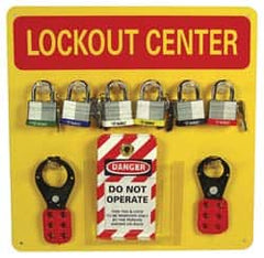 NMC - 10 Piece, Equipped Plexiglass Tag and Padlock / Hasp Station - 14 Inch Wide x 14 Inch High x 1-3/8 Inch Deep, Yellow - Makers Industrial Supply