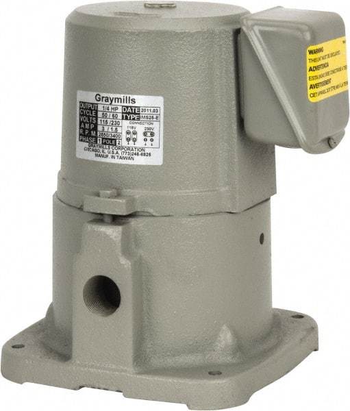 Graymills - 3/1.5 Amp, 115/230 Volt, 1/4 hp, 1 Phase, 3,450 RPM, Cast Iron Suction Machine Tool & Recirculating Pump - 20 GPM, 32 psi, 7-3/8" Long x 7-3/8" Mounting Flange Width, 9" Overall Height, Plastic Impeller, TEFC Motor - Makers Industrial Supply