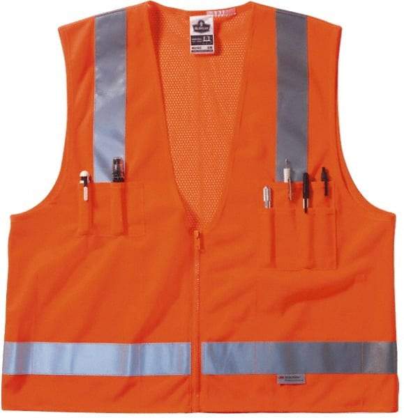 Ergodyne - Size S/M High Visibility Orange Mesh/Solid Surveyor's Vest - 36 to 44" Chest, ANSI/ISEA 107, Zipper Closure, 6 Pockets, Polyester - Makers Industrial Supply