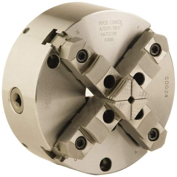 Buck Chuck Company - 4 Jaws, 6" Diam, Self Centering Manual Lathe Chuck - Front Mount, Adjustable, Reversible, 4,600 Max RPM, 1.78" Through Hole Diam, Forged Steel - Makers Industrial Supply