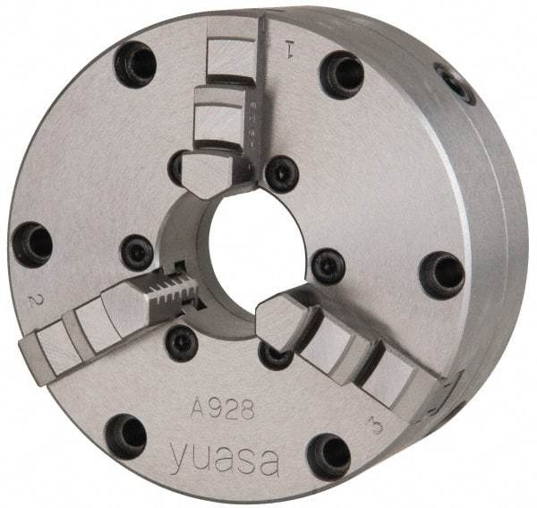 Yuasa - 3 Jaws, 4" Diam, Self Centering Manual Lathe Chuck - Plain Back Mount Spindle, Adjustable, 1.2598" Through Hole Diam, 0.0005" Axial Runout, Cast Iron - Makers Industrial Supply