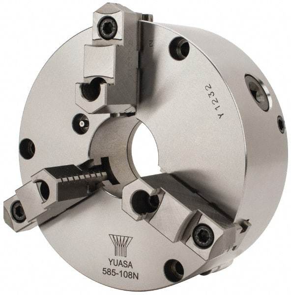 Yuasa - 3 Jaws, 8" Diam, Self Centering Manual Lathe Chuck - Plain Back Mount Spindle, Adjustable, Reversible, 2.4803" Through Hole Diam, 0.0005" Axial Runout, Cast Iron - Makers Industrial Supply