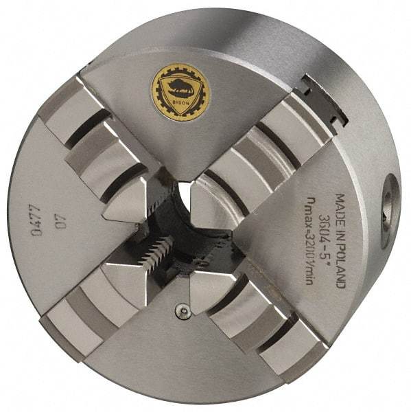 Bison - 4 Jaws, 6" Diam, Self Centering Manual Lathe Chuck - Plain Back Mount Spindle, 3,000 Max RPM, 1.6535" Through Hole Diam, 0.0008" Axial Runout, 0.0012" Radial Runout, Cast Iron - Makers Industrial Supply