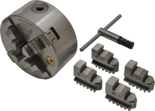 Bison - 4 Jaws, 5" Diam, Self Centering Manual Lathe Chuck - Plain Back Mount Spindle, 3,200 Max RPM, 9.921" Through Hole Diam, 0.0008" Axial Runout, 0.0012" Radial Runout, Cast Iron - Makers Industrial Supply