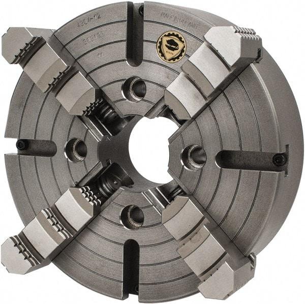 Bison - 4 Jaws, 12" Diam, Independent Manual Lathe Chuck - Plain Back Mount Spindle, Reversible, 1,200 Max RPM, 3.1496" Through Hole Diam, Cast Iron - Makers Industrial Supply