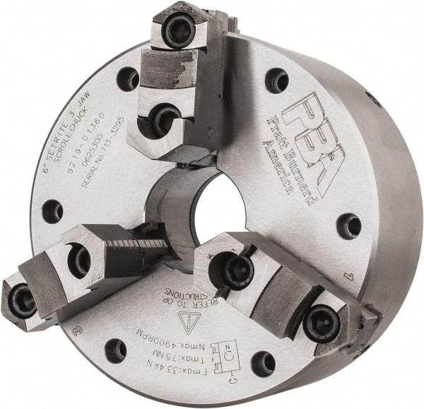 Pratt Burnerd America - 3 Jaws, 6" Diam, Self Centering Manual Lathe Chuck - Plain Back Mount Spindle, Adjustable, Reversible, 4,900 Max RPM, 1.81" Through Hole Diam, Forged Steel - Makers Industrial Supply