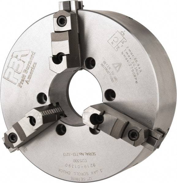 Pratt Burnerd America - 3 Jaws, 12" Diam, Self Centering Manual Lathe Chuck - Plain Back Mount Spindle, Adjustable, Reversible, 2,300 Max RPM, 4.06" Through Hole Diam, Forged Steel - Makers Industrial Supply