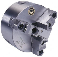 Bison - 3 Jaws, 8" Diam, Self Centering Manual Lathe Chuck - Plain Back Mount Spindle, Reversible, 4,000 Max RPM, 2.1654" Through Hole Diam, 0.0018" Axial Runout, 0.0016" Radial Runout, Forged Steel - Makers Industrial Supply