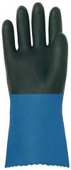 MAPA Professional - Size XL (9), 12" Long, Supported, Neoprene Chemical Resistant Gloves - Textured Finish, Cotton Interlock Knit Lined, Gauntlet Pinked Cuff, Black/Blue - Makers Industrial Supply